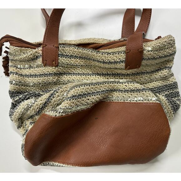 THE SAK BAG Large Zipper Crocheted Leather Trim Cream Gray - Picture 3 of 16